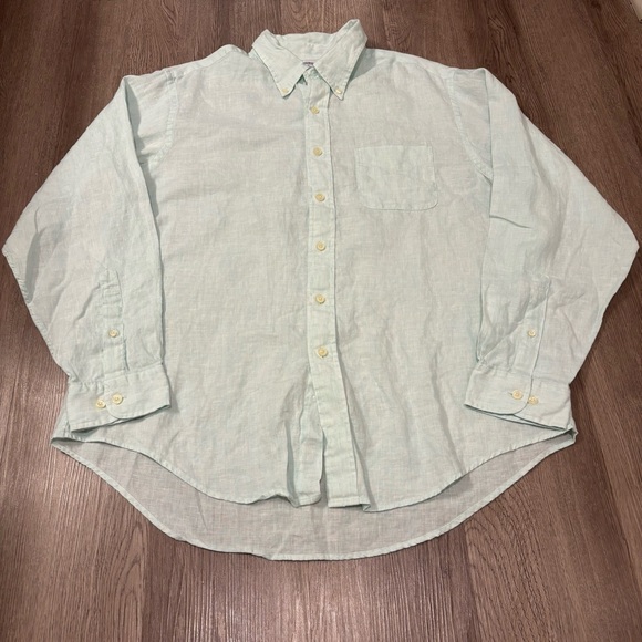 Brooks Brothers 100% Irish‎ Linen Button Up Long Sleeve Shirt Men’s XL Aqua Blue - Picture 2 of 4
